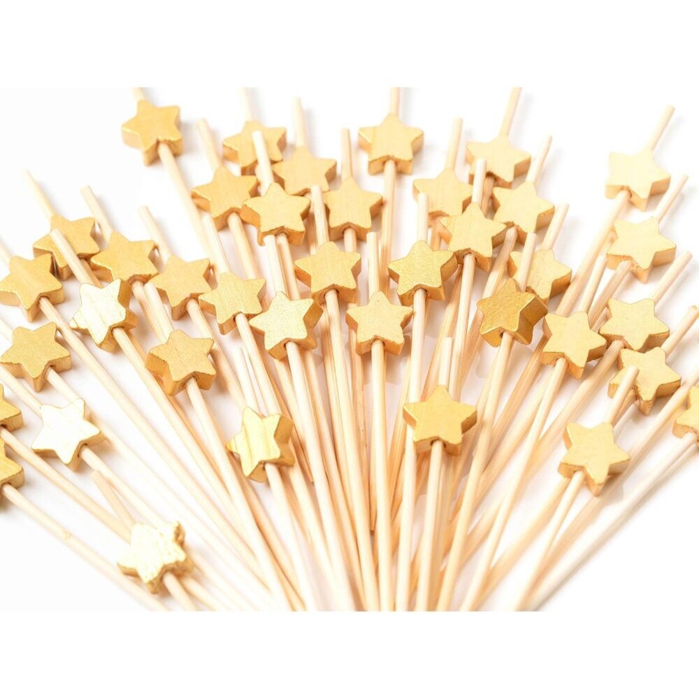 Premium Bamboo Cocktail Picks - 100 Eco-Friendly, Gold Star Sticks for Events